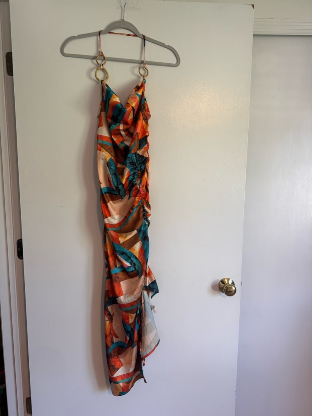 PrettyLittleThing One-Shoulder Ruched Maxi Dress in Orange & Teal